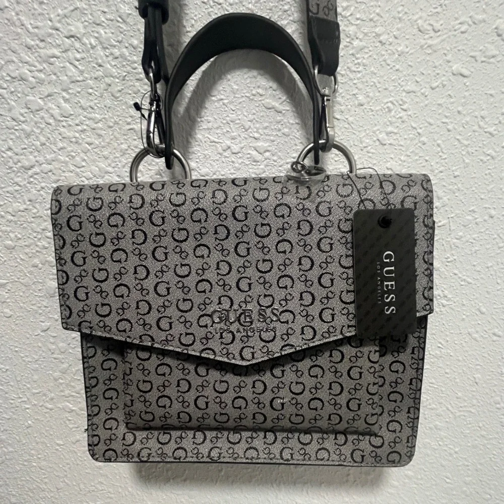 GUESS Baez Crossbody Handbag Black Grey Monogram Flap Top Handle Purse NWT Flaw